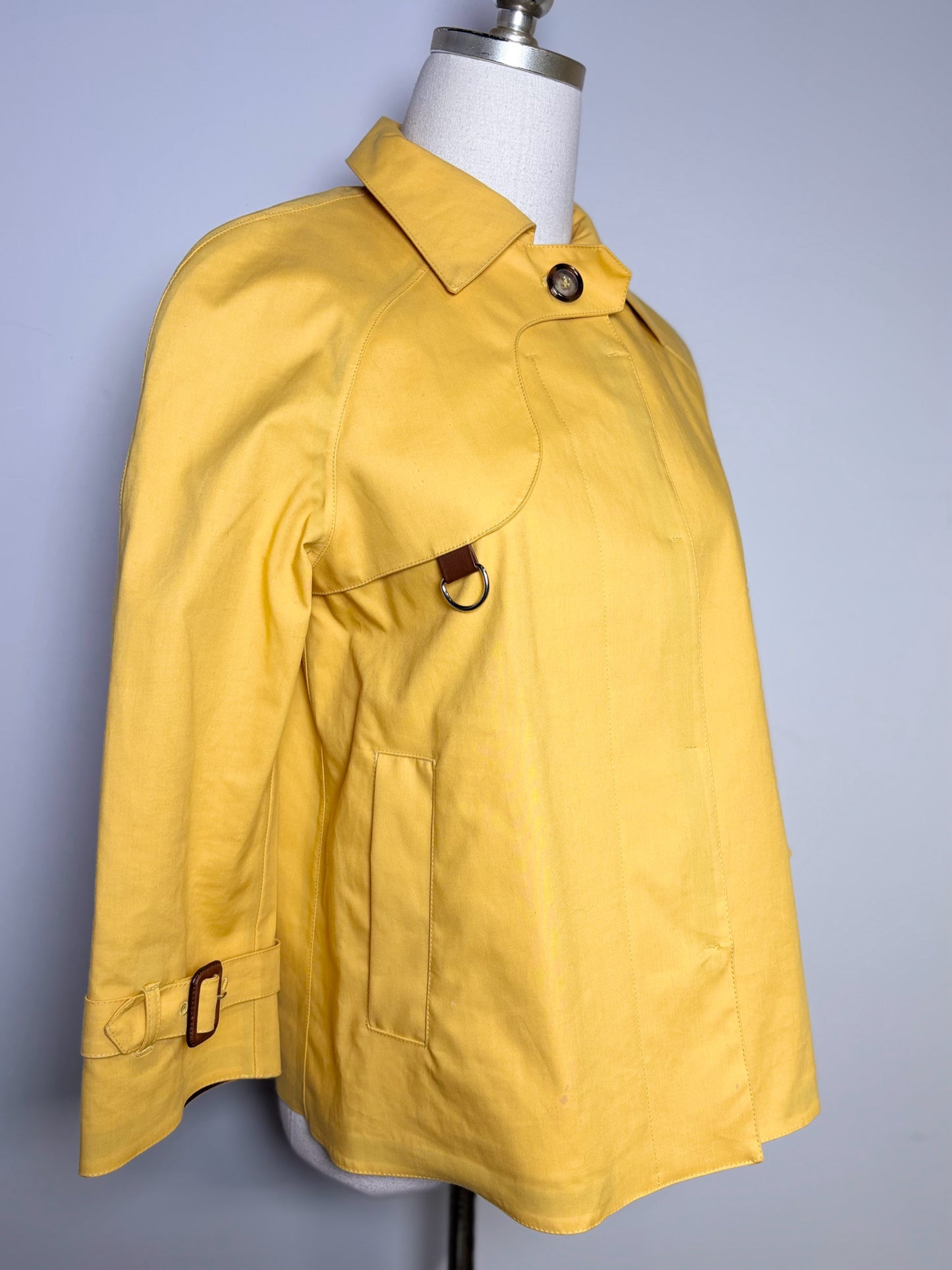 Women Size 40 (0 - 4 US) Prada Yellow Solid Cotton, Leather Trim Coat