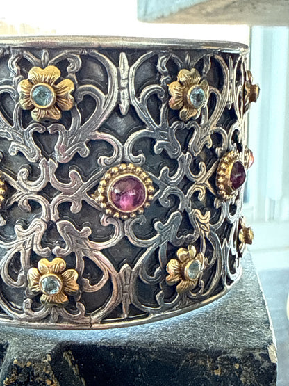 Konstantino Filigree Pink Tourmaline, Blue Topaz Cuff 18K Gold, 925 Cuff