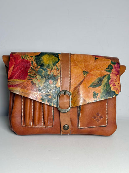 Women's Patricia Nash Saddle Bag Painted Flowers Vint Leather Pre-owned Caramel