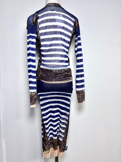 Women Size S (Estimate) Jean Paul Gaultier Blue, White Striped 2 Piece Mesh Set