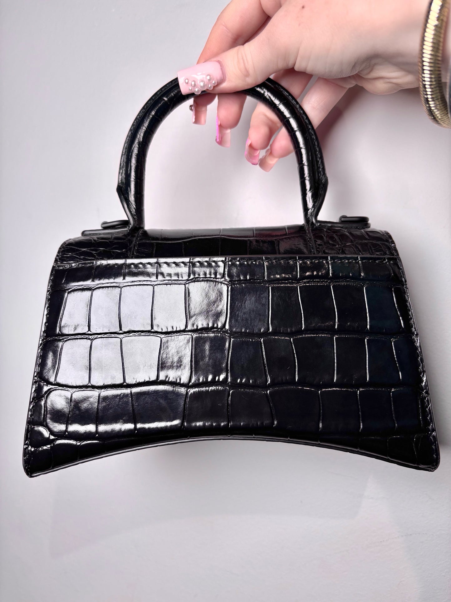 Balenciaga Hourglass Handbag Croc Embossed Black Mini Purse