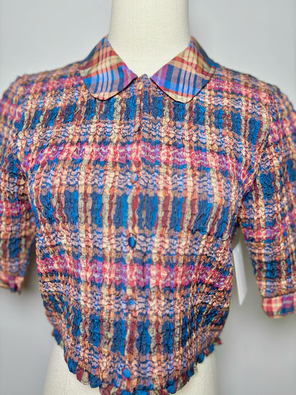 Women Size 8 Ulla Johnson Blue, Burgundy, Purple Plaid Ruched Jules Crop Top