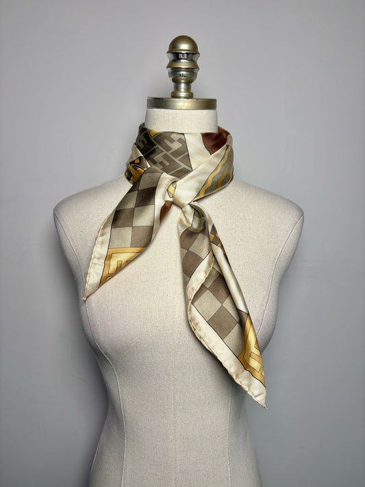 Fendi Logo 100% Silk Vintage Pre-owned Brown & Cream Scarf