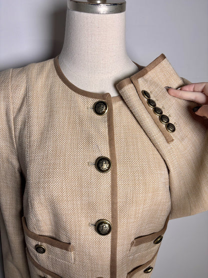 Women Size 10 Veronica Beard Tan Tweed Cotton Blend Brown Piping Jacket Pre-Owned