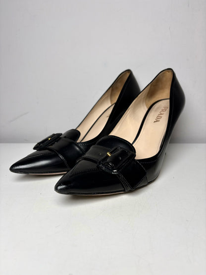 W Shoe Size 38.5 Prada Black Leather Genuine Leather Women's Vintage Heels
