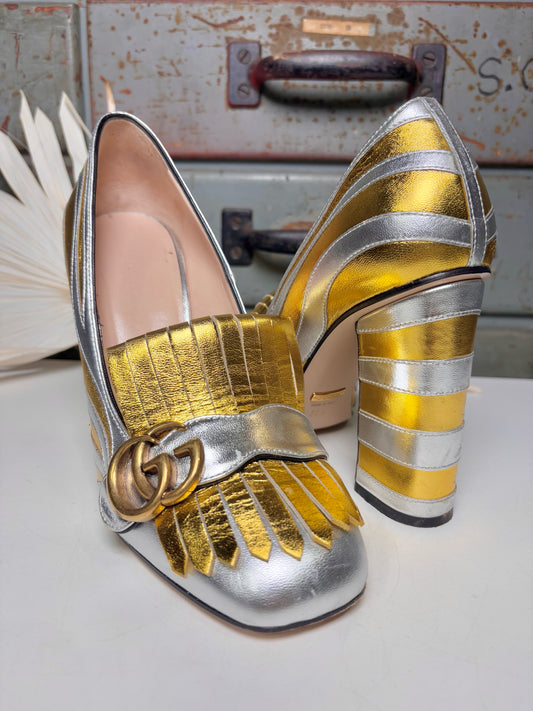 W Shoe Size 36.5 (6.5 US) Gucci Metallic Gold, Silver Leather Loafers