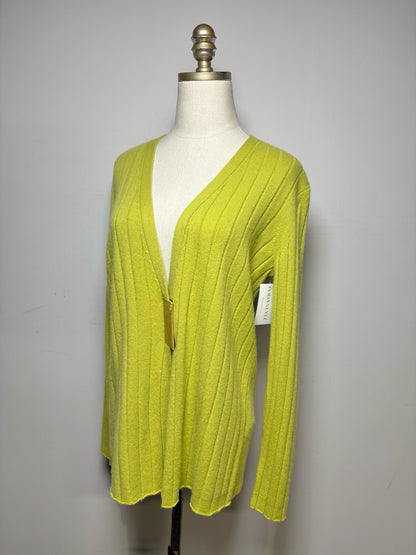 Women Size M Lafayette 148 Lime Green Striped Pure Cashmere Pre-Owned Cardigan