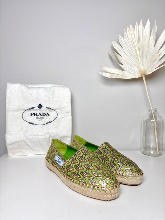 W Shoe Size 7 Prada Multi-Color Printed Canvas Espadrille Sandals