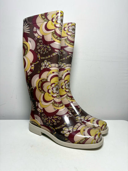 Women Shoe Size 40 (US 10) Emilio Pucci Yellow, Purple & Cream Rubber Vintage Pre-Owned Knee-High Boots