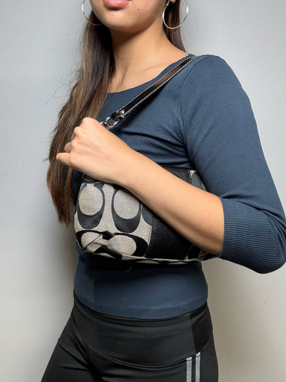 Women's Coach Black & Grey Signature Canvas Y2K Vintage Pre-Owned Half Moon Shoulder Bag
