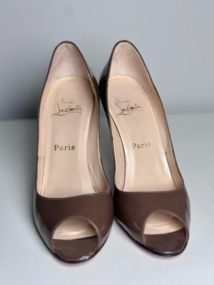 W Shoe Size 38 Christian Louboutin Taupe Leather Patent Pre-owned Heels