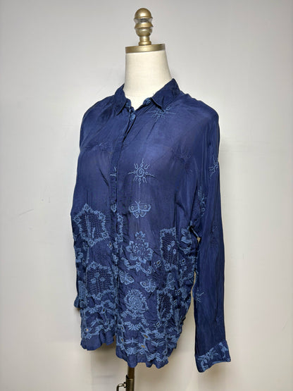 Women Size S Johnny Was Blue Floral Embroidered Cupra Rayon Pre-Owned Top