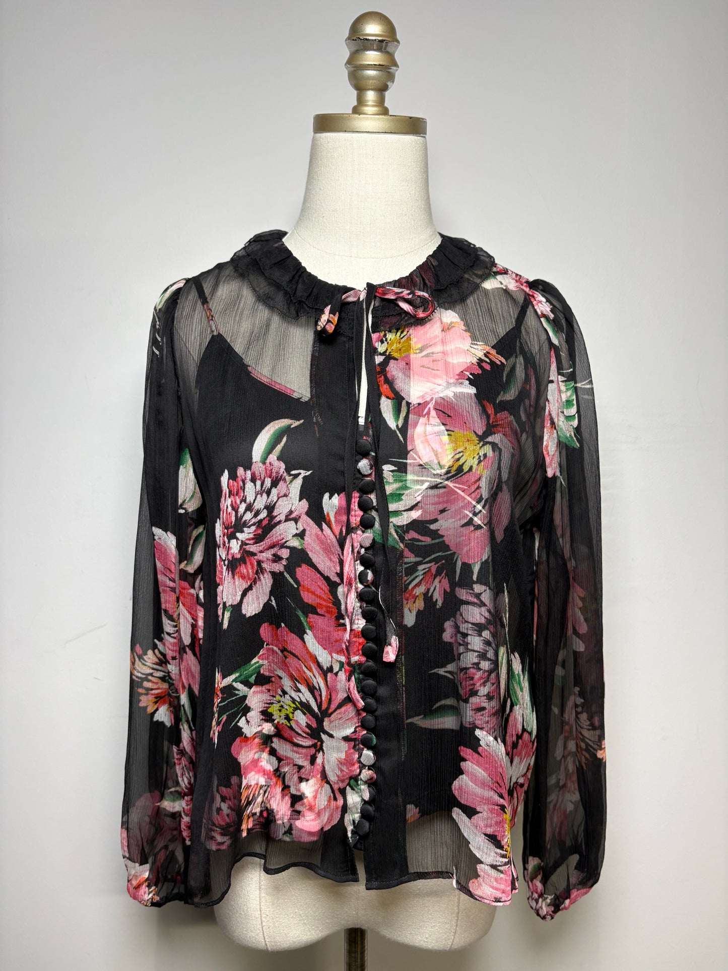 Women Size PS Jade by Johnny Was Black Floral Print Pure Silk Pre-Owned 2-Piece Blouse