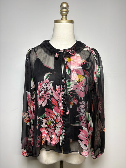 Women Size PS Jade by Johnny Was Black Floral Print Pure Silk Pre-Owned 2-Piece Blouse