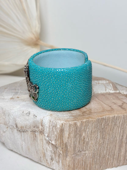 Stingray Leather 3 Owls Marcasite Cuff Bracelet