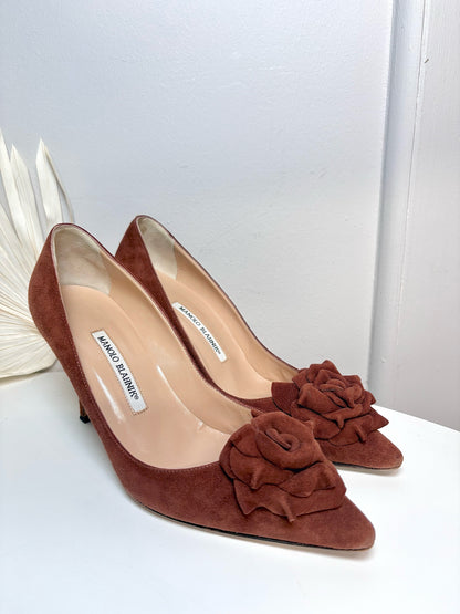 W Shoe Size 37.5 Manolo Blahnik Brown Leather Suede Heels