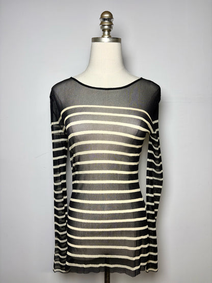 Women Size M Fuzzi Jean Paul Gaultier Black, Beige Striped Vintage 1990s Mesh Top