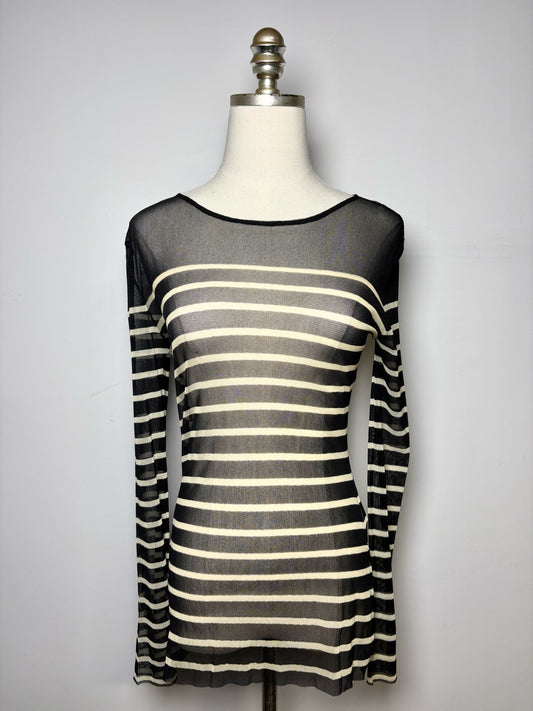 Women Size M Fuzzi Jean Paul Gaultier Black, Beige Striped Vintage 1990s Mesh Top