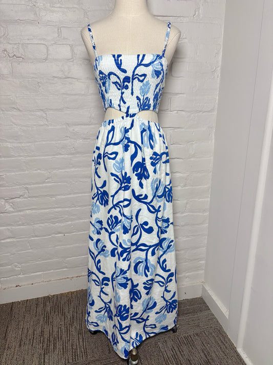 Women Size S Faithfull the Brand White Print Linen Cutout Dress