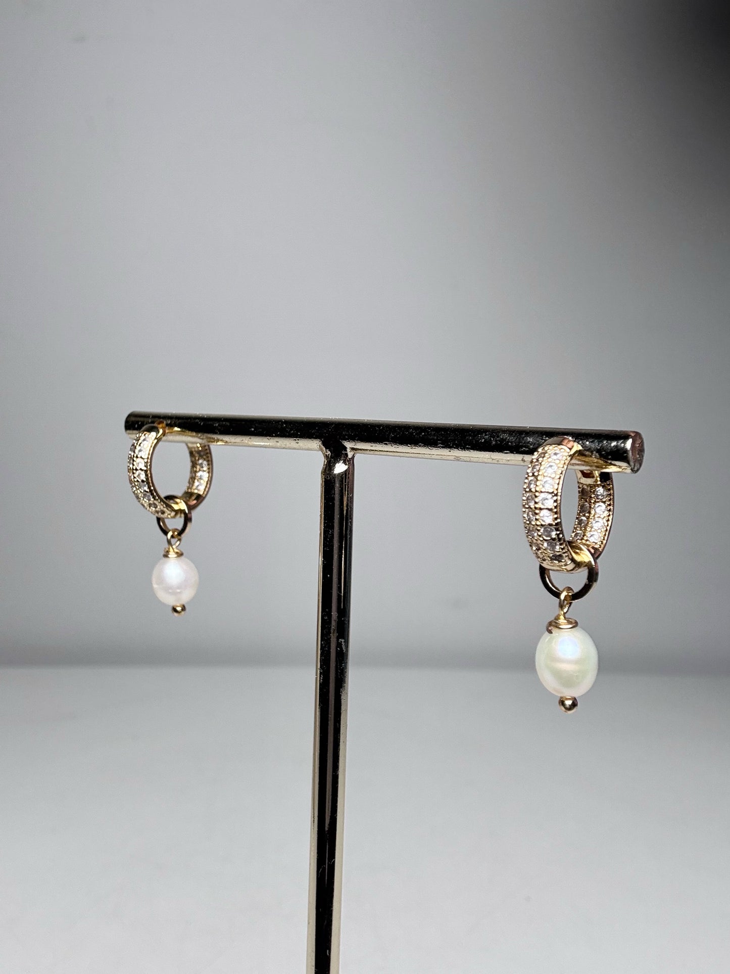 Pearl Drop Gold-Plated Huggie Crystal-Pave' Earrings | Pre-owned