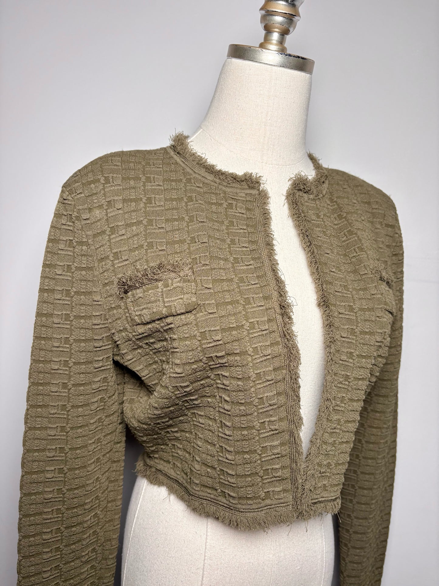 Women Size S Ronny Kobo Olive Green Puckered Cropped Jacket