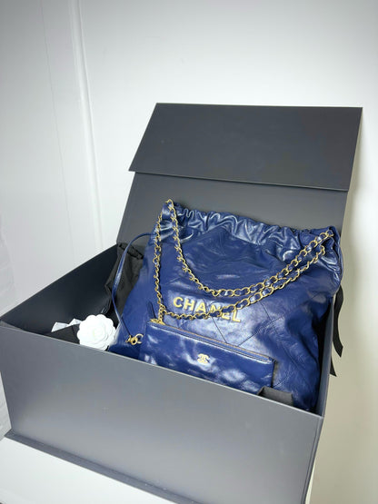 Chanel 22 Calfskin Leather Metallic Navy Blue Quilted Purse