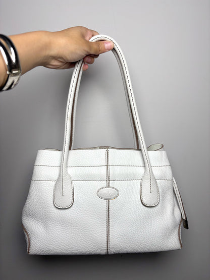 Tod's Solid Leather White Cowhide Pebble Grain Double Handle Purse