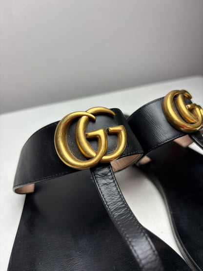 Women's Shoe Size 41 Gucci GG Marmont Black Leather Pre-Owned T-Strap Sandals