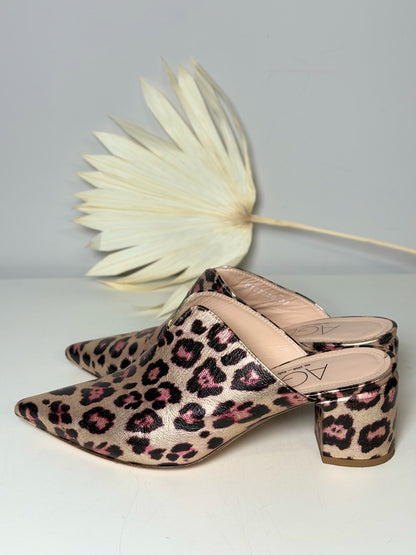W Shoe Size 37 (6.5) AGL Gold Leather Leopard-Print Mule Pumps