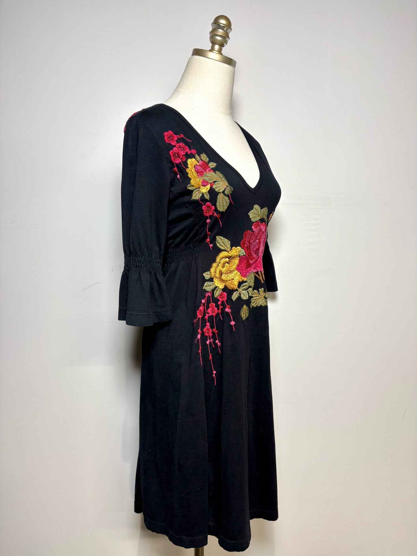 Women Size M JW Los Angeles Black Floral Embroidered Pure Cotton Pre-Owned Dress
