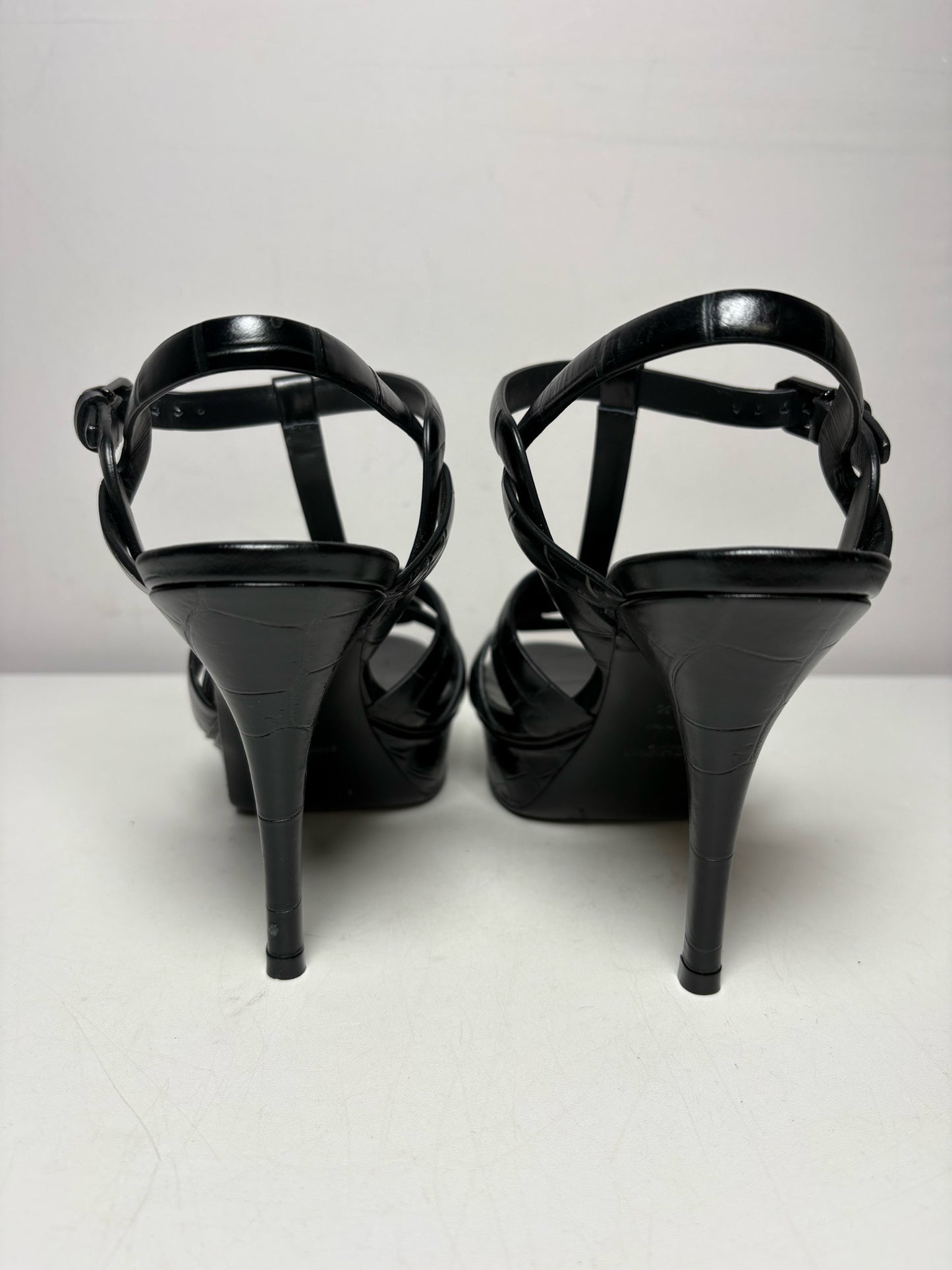 Women's Size 39.5 Authentic Yves Saint Laurent Tribute Black Croc-Embossed Leather Pre-Owned Heels