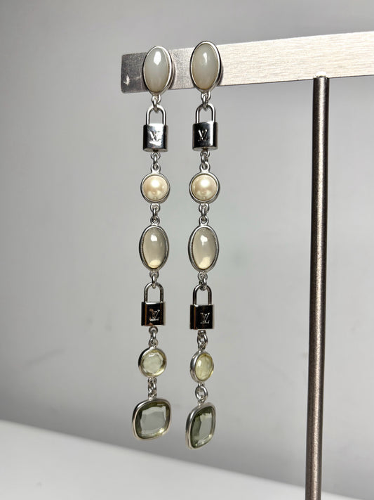 Louis Vuitton Faux Pearl Crystal Palladium Plate Drop Padlock Pre-owned Earrings