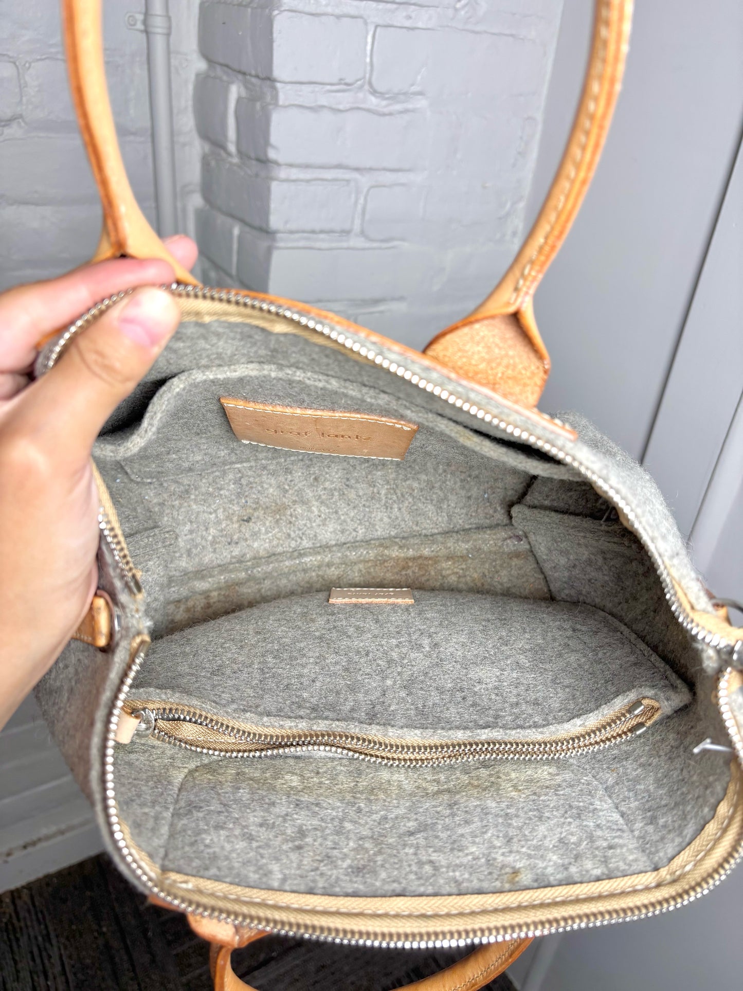 Graf Lantz Solid Wool Gray Leather Trim Crossbody Purse