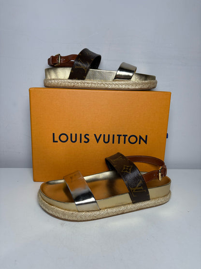 Women's Shoe Size 37 Louis Vuitton Odyssey Gold Brown Leather Authentic Pre-Owned Espadrille Sandals