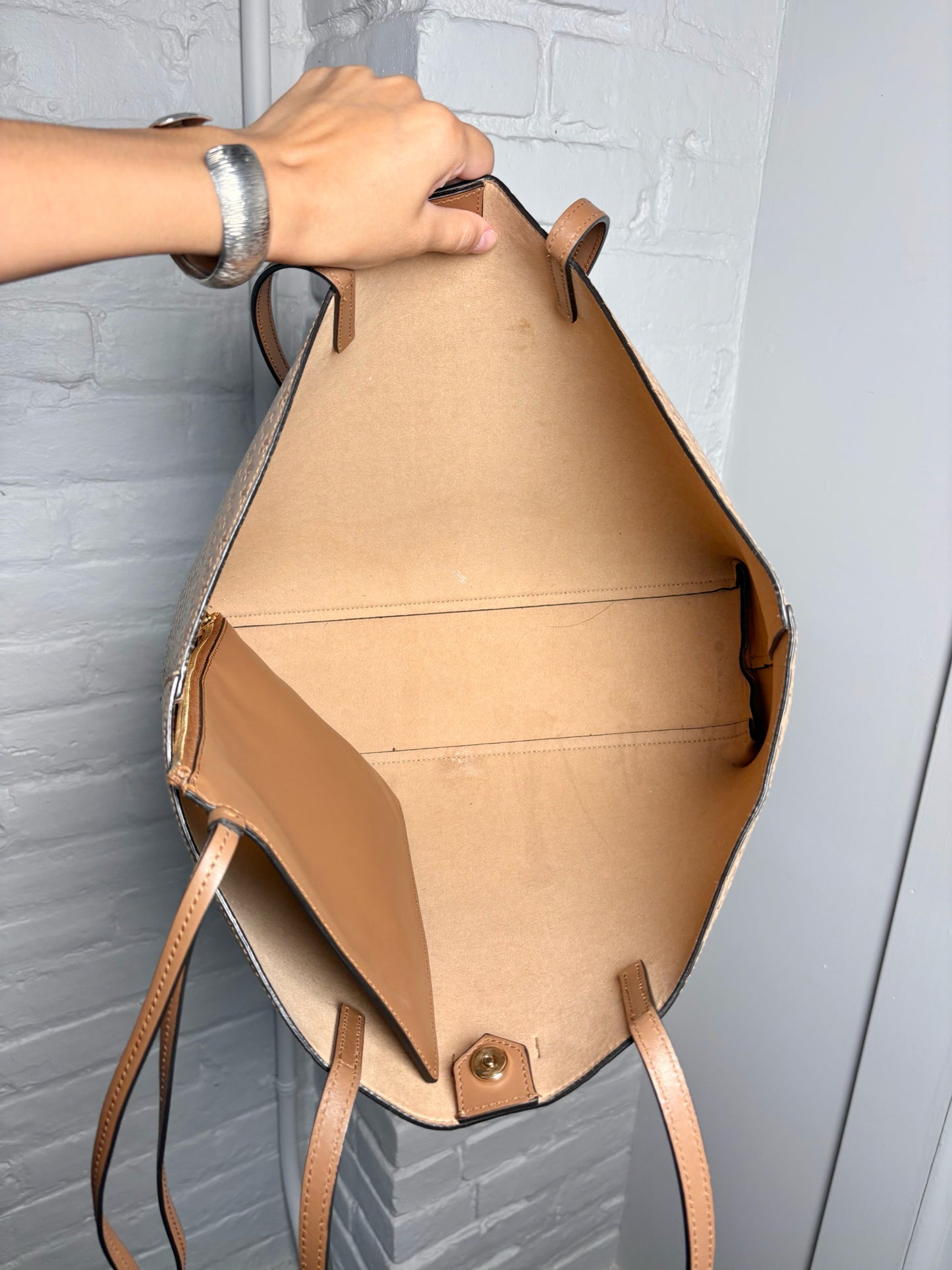 Jimmy Choo Embossed Monogram Leather Trim Pre-owned Caramel Tote Bag