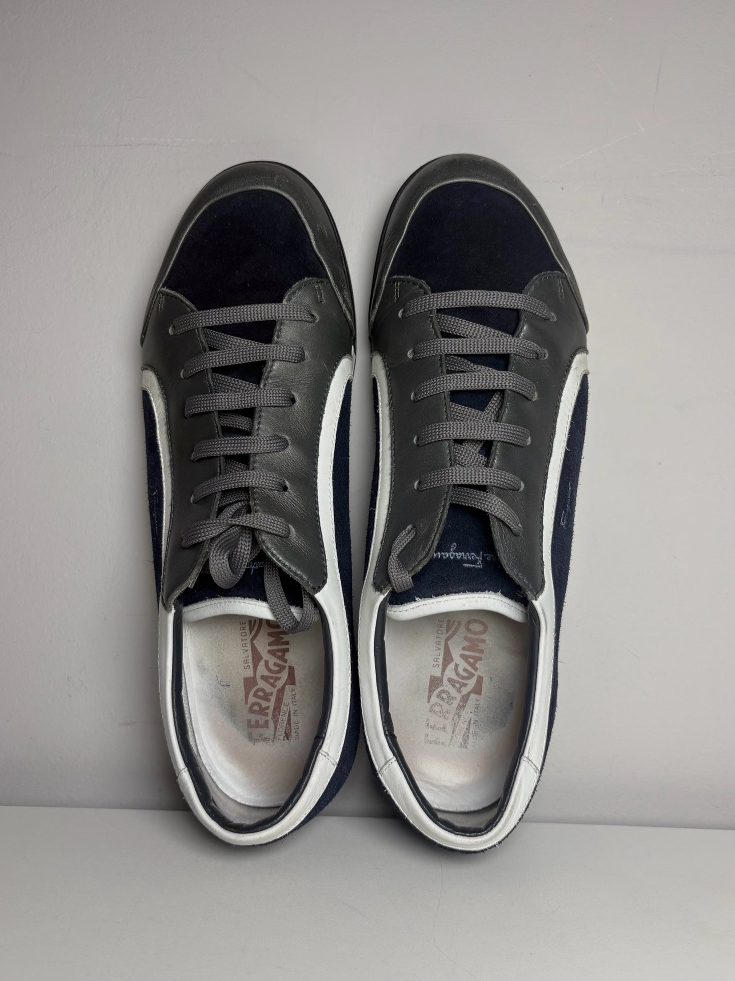 Salvatore Ferragamo Blue, Gray, White Cowhide Leather, Suede Leather Sneakers