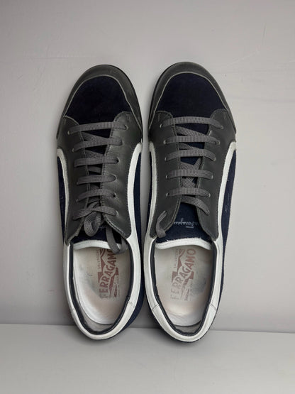 Salvatore Ferragamo Blue, Gray, White Cowhide Leather, Suede Leather Sneakers