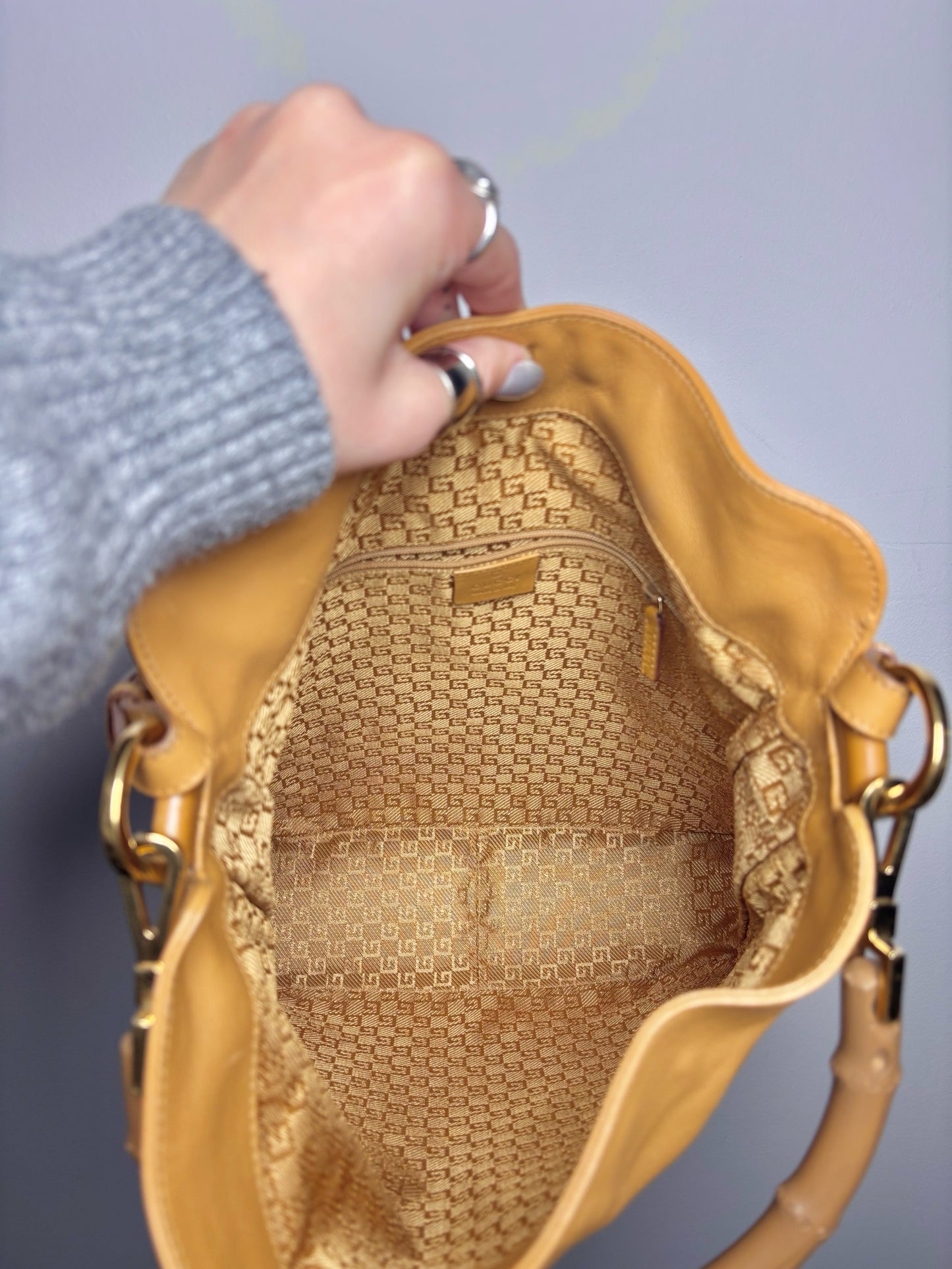 Gucci Leather Tan 2-Way Carry Bamboo Hobo Handbag