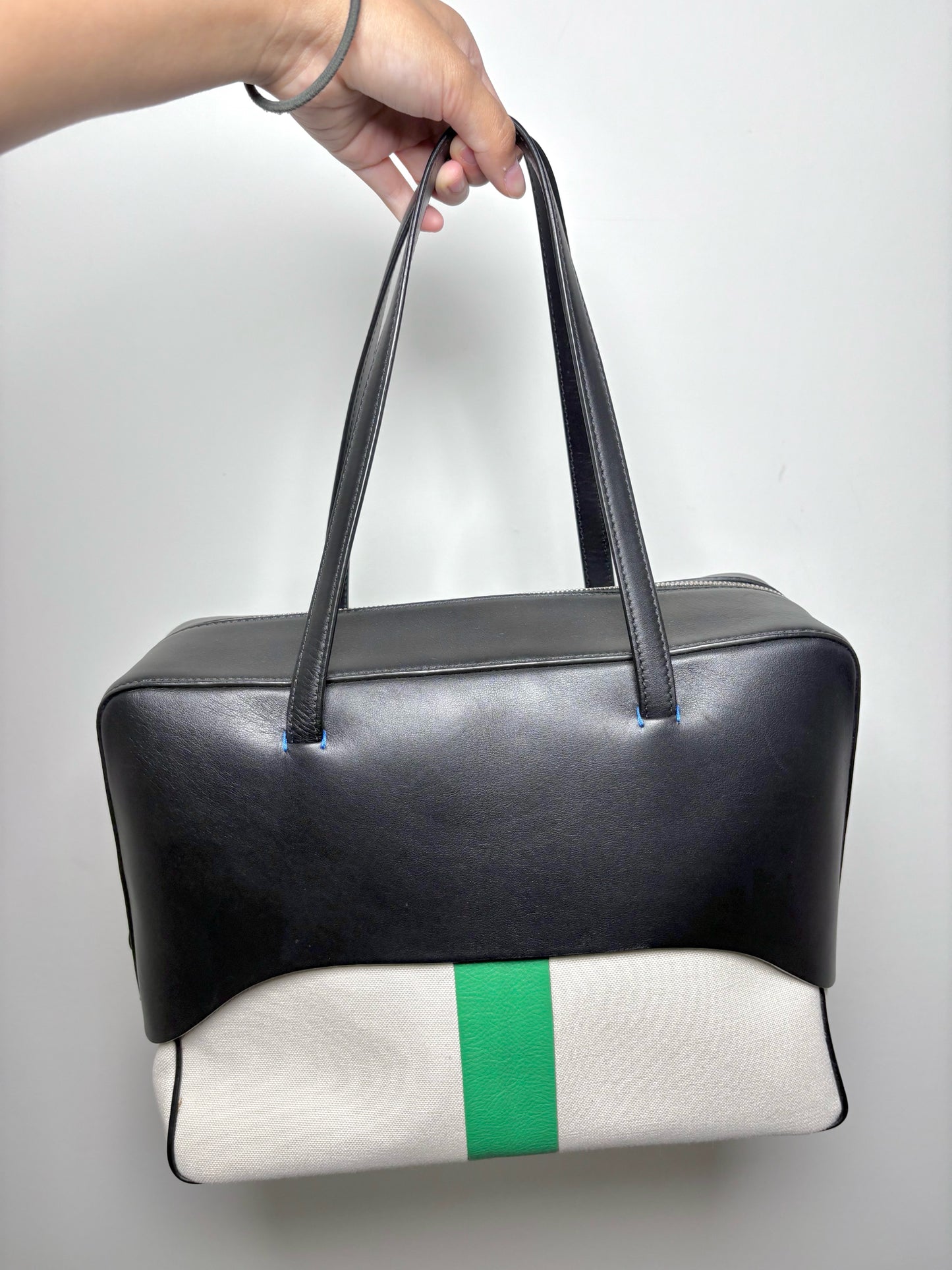 Tibi x Myriam Schaefer Colorblock Leather, Canvas Natural, Blue, Green Purse