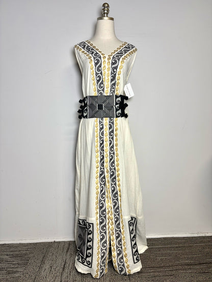 Women Size M NEMA Resort Wear Ivory Embroidered 100% Cotton Pre-owned Dress