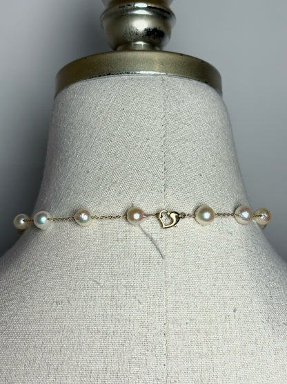 Multi-color Pearl Station 14k Gold w/Heart-shaped Clasp Necklace