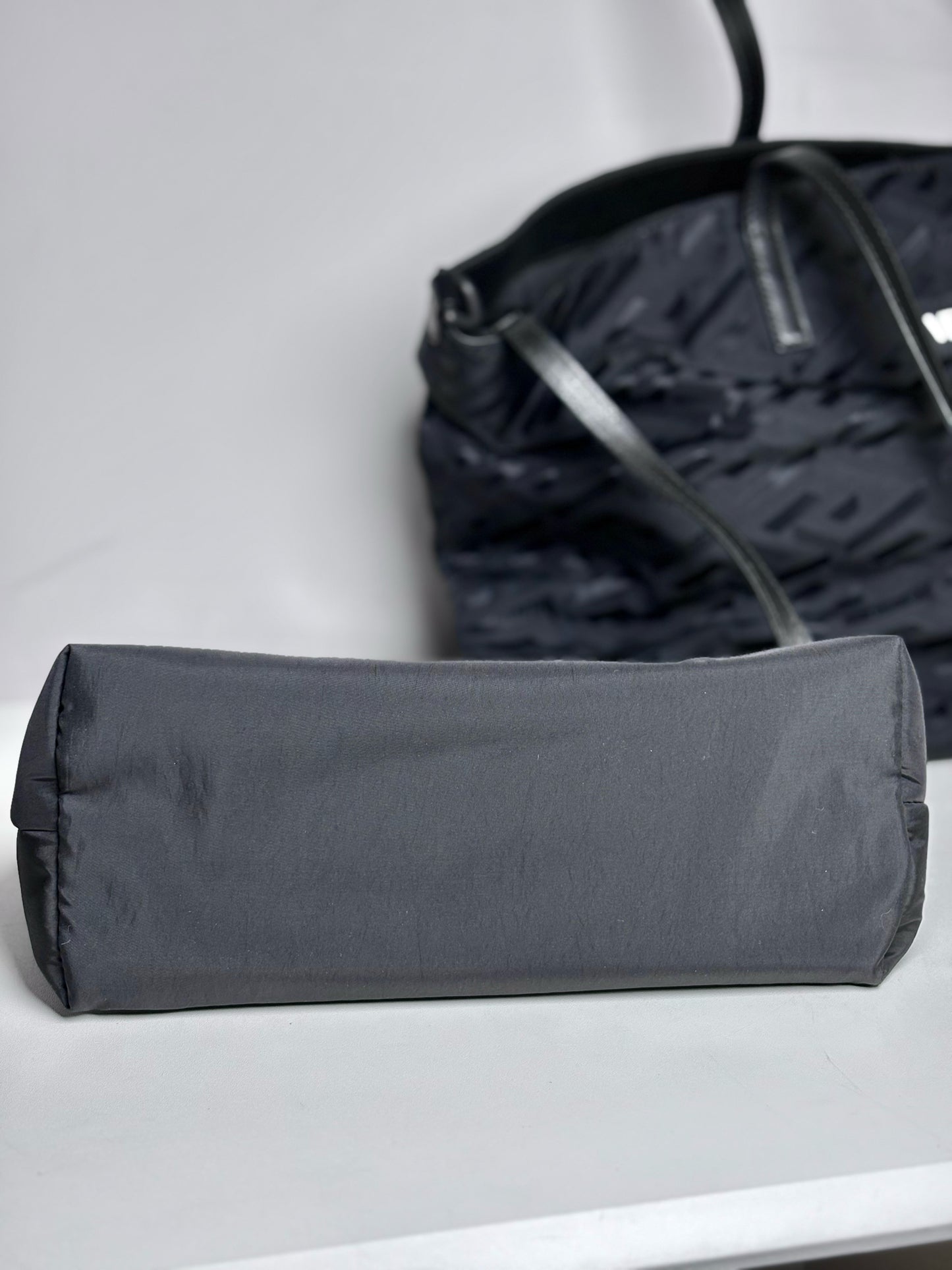 Versace Jacquard, Monogram Nylon Pre-owned Black Leather + Pouch Crossbody Tote