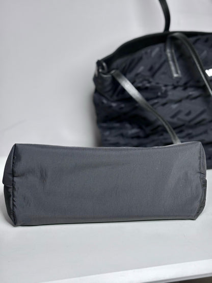 Versace Jacquard, Monogram Nylon Pre-owned Black Leather + Pouch Crossbody Tote