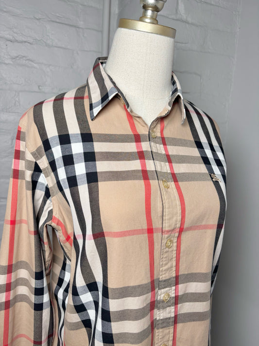 Women Size XL (Fits S) Burberry Khaki, Black, Red, White Check Print Shirt
