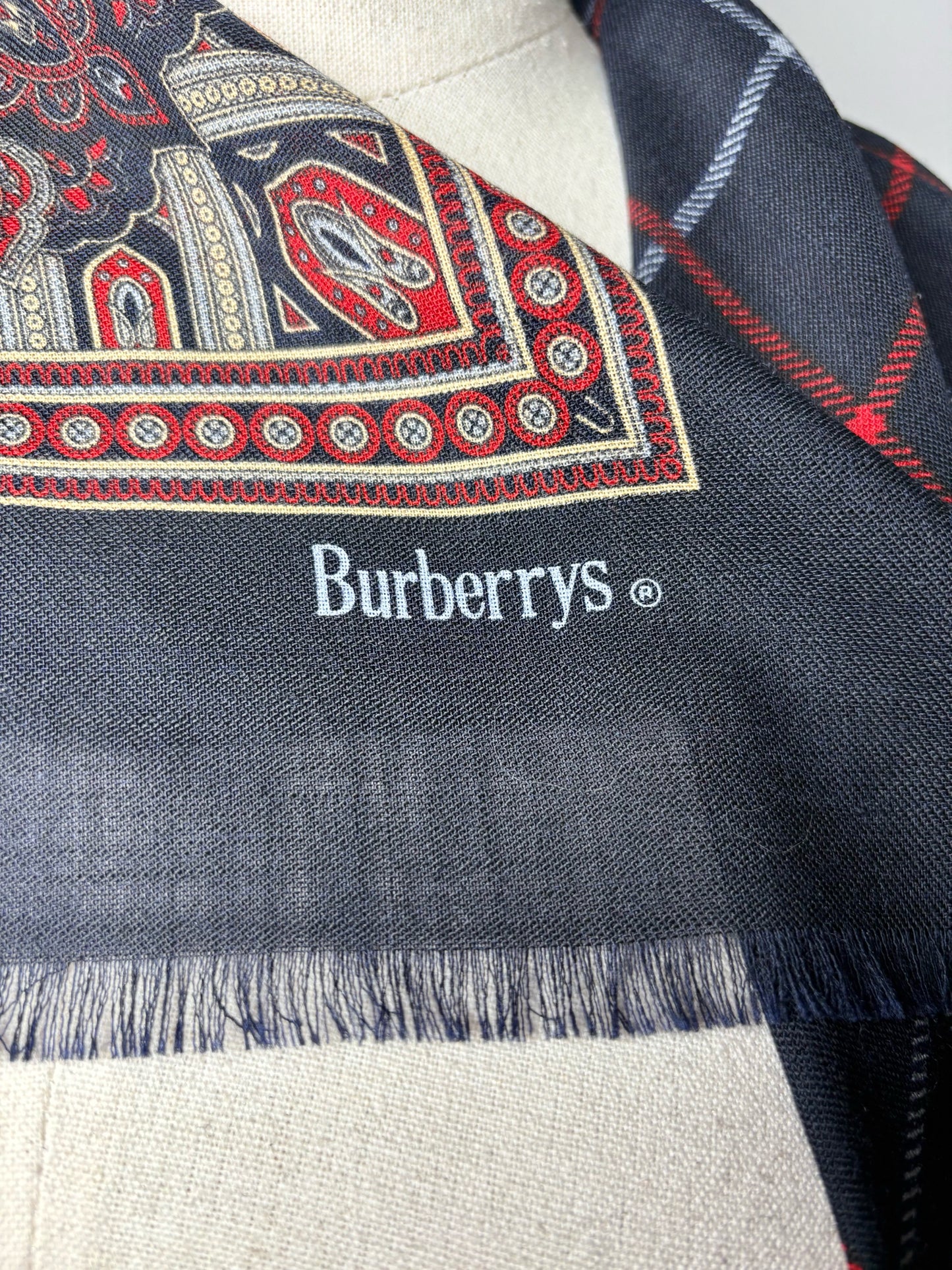 Burberrys' Paisley & Check Pure Wool Vintage RARE Pre-owned Square Navy Scarf