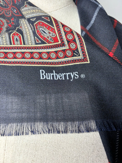 Burberrys' Paisley & Check Pure Wool Vintage RARE Pre-owned Square Navy Scarf