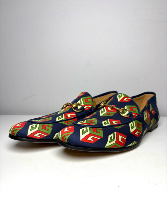 Gucci Brixton GG Blue Satin Print Shoe Sz 8 Men's Loafers NWT Pre-owned