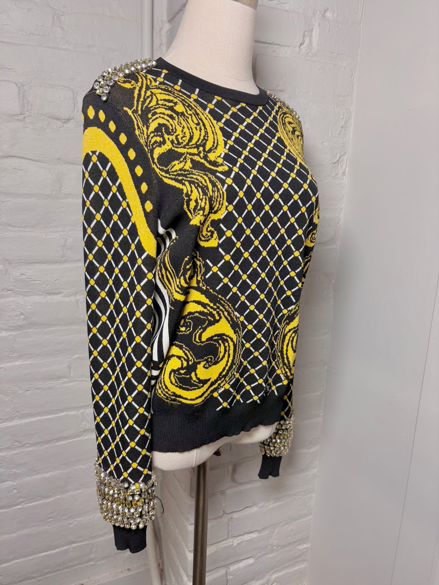 Women Size M Karen Millen Yellow, Black, Red Crystals, Swirls Knit Sweater