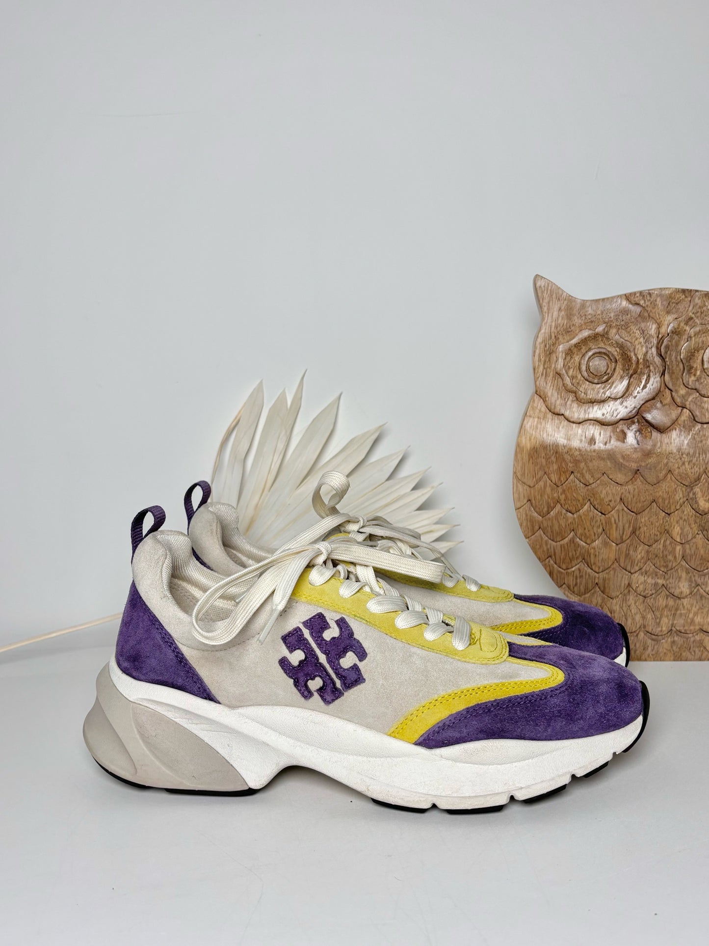 W Shoe Size 9.5 Tory Burch Yellow, Purple Leather Suede Sneakers