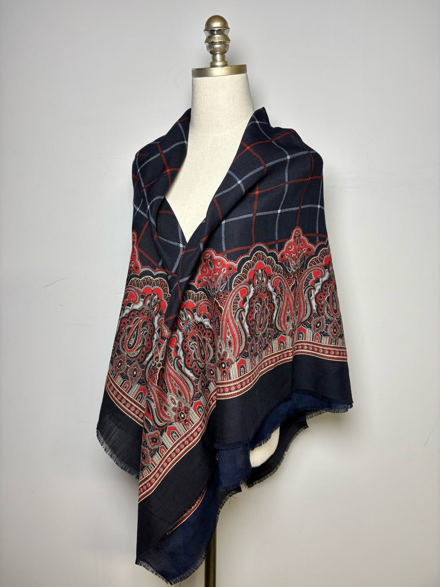 Burberrys' Paisley & Check Pure Wool Vintage RARE Pre-owned Square Navy Scarf